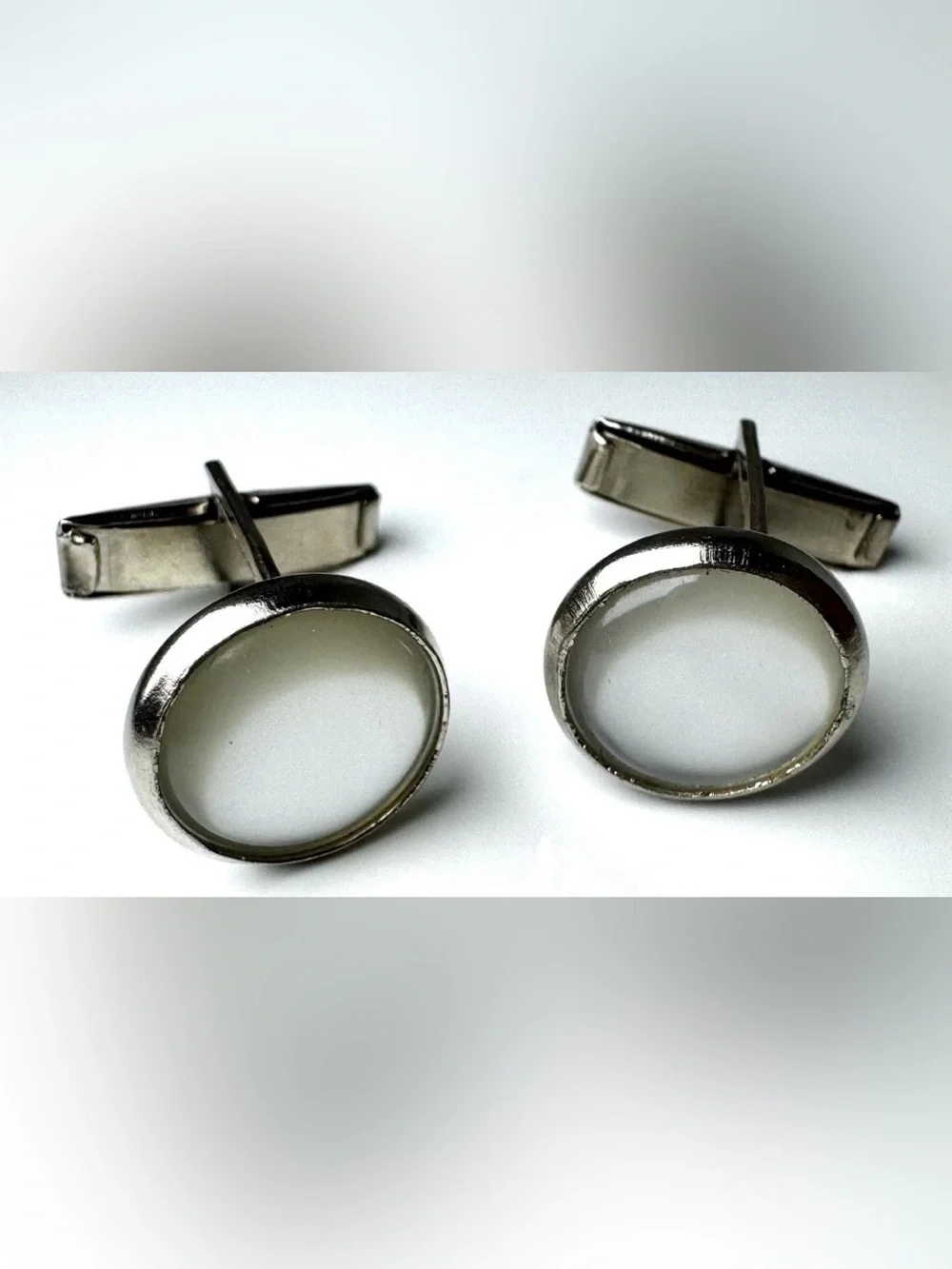 Silver Tone Round White Cabochon Bullet Back Men's Cufflinks Pair #1707